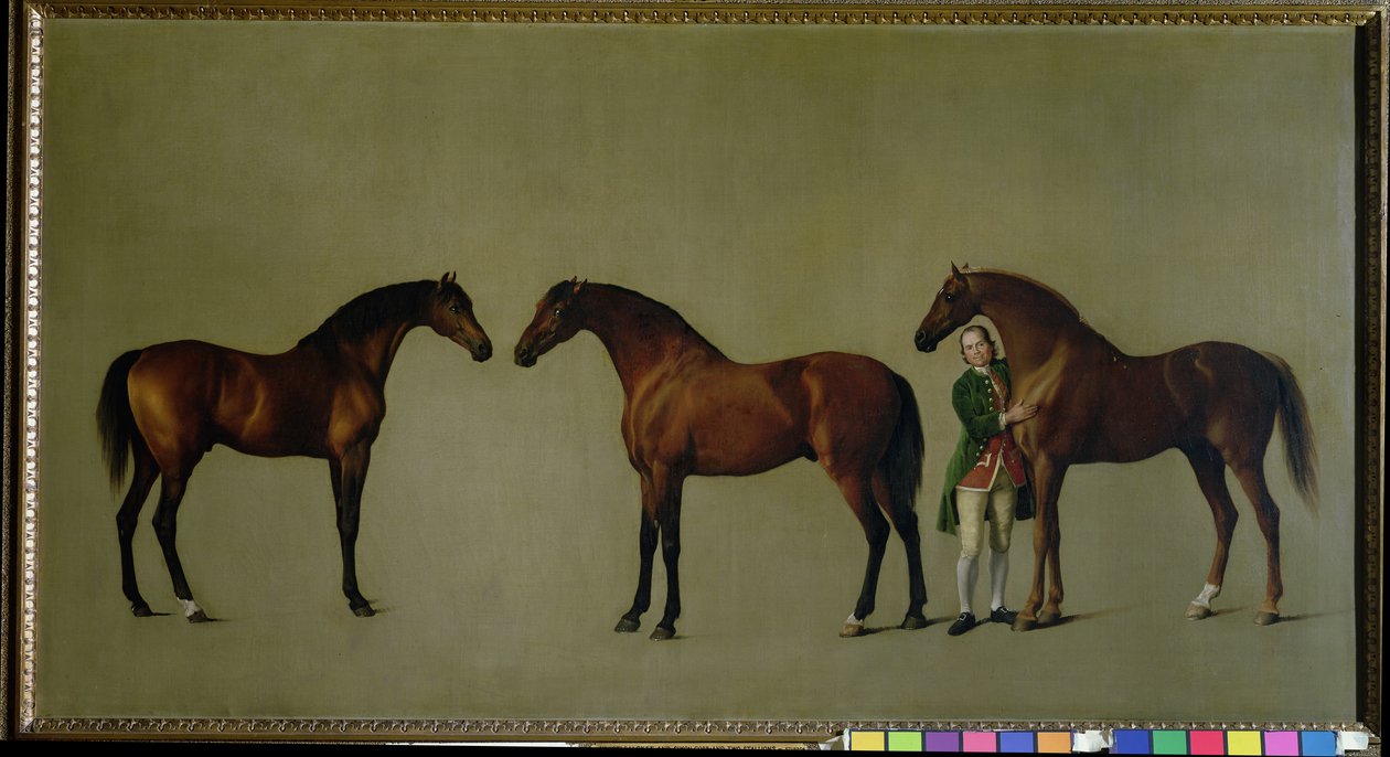 Whistlejacket和其他两个种马与Simon Cobb，新郎，1762年 作者 乔治·斯塔布斯
