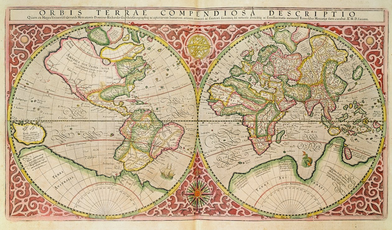 双半球世界地图，1587年 作者 杰拉杜斯·墨卡托