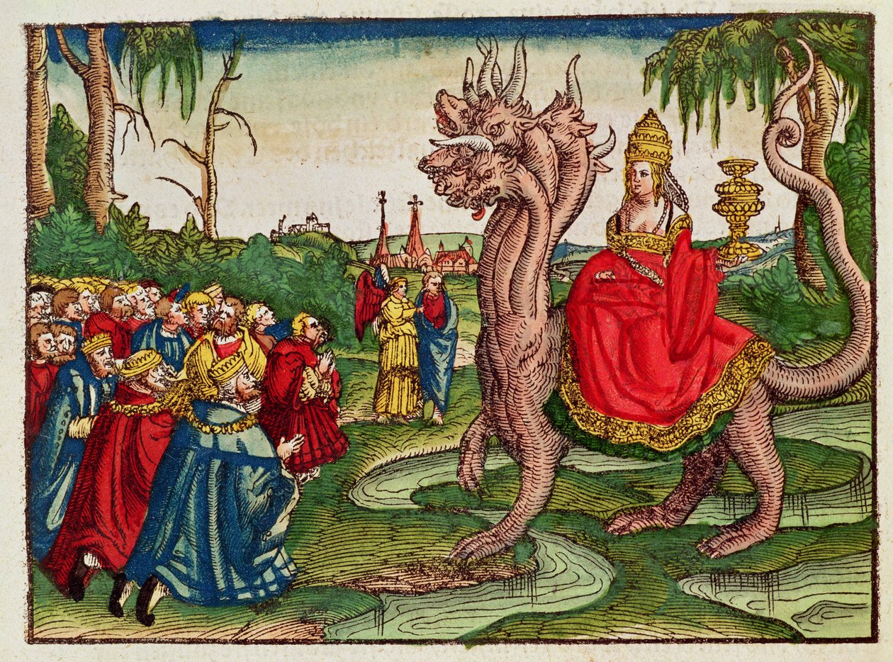 巴比伦的妓女，来自路德圣经，1530年（彩色木刻） 作者 德国学校