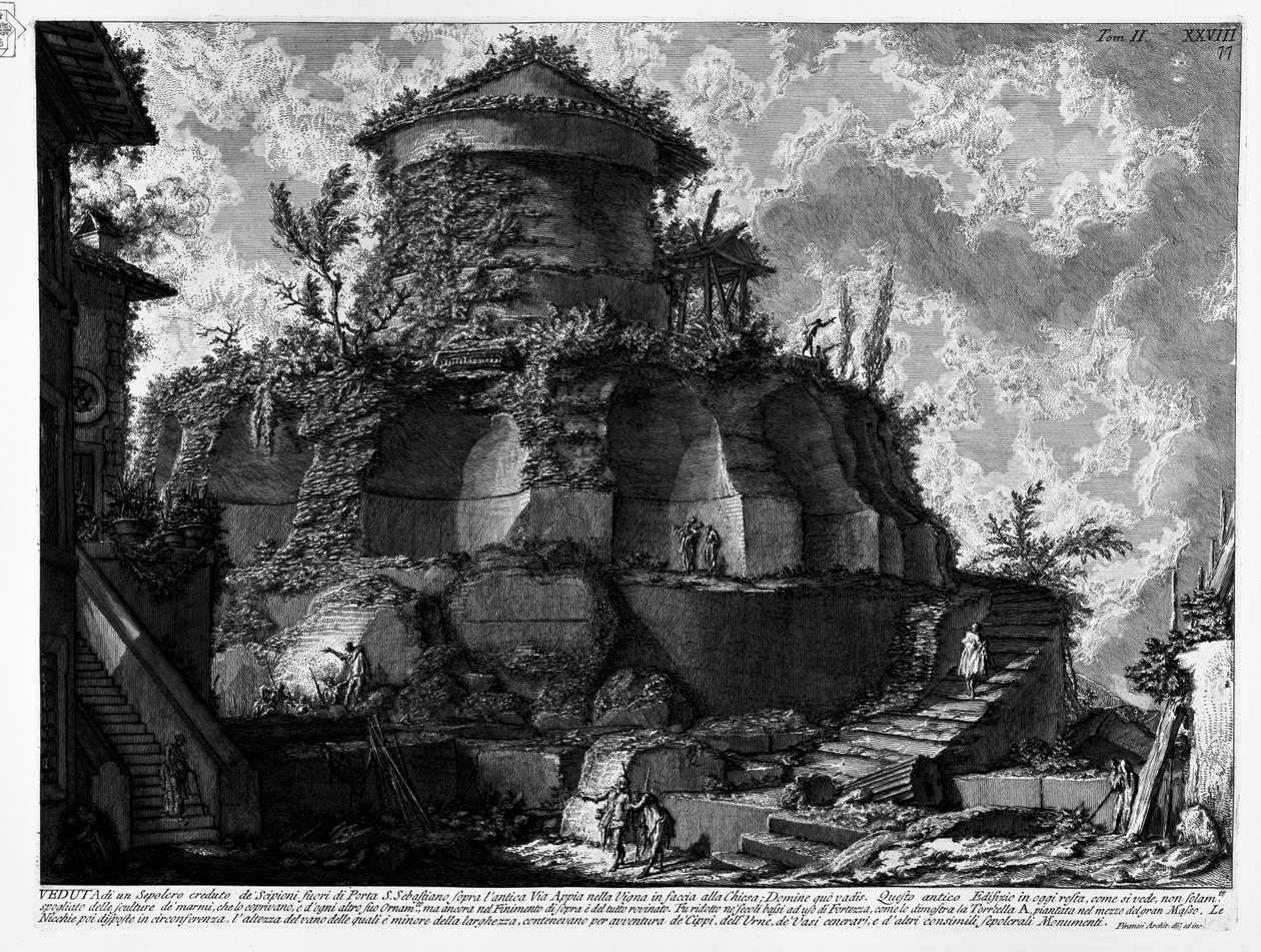 Priscilla之墓，被Piranesi错误地描述为Sepulcher，被Porta S. Sebastiano外面的Scipions认为是面向教堂的葡萄园中的古老Via Appia; Domine quo vadis 作者 乔凡尼·巴蒂斯塔·皮拉涅西