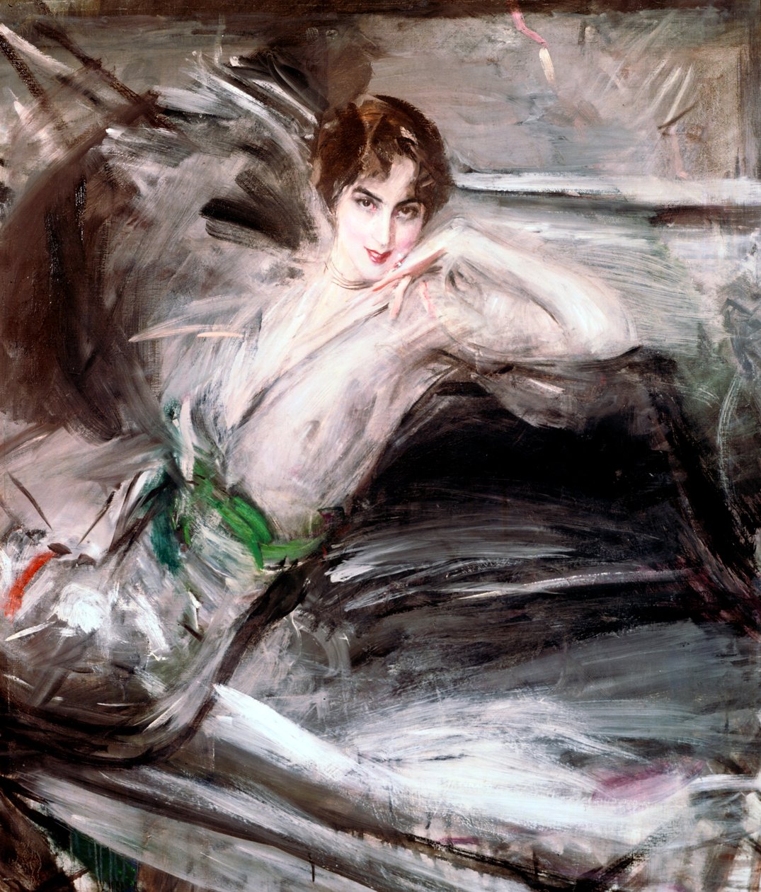 女人坐在椅子上，c1860 作者 乔凡尼·博尔迪尼（Giovanni Boldini）