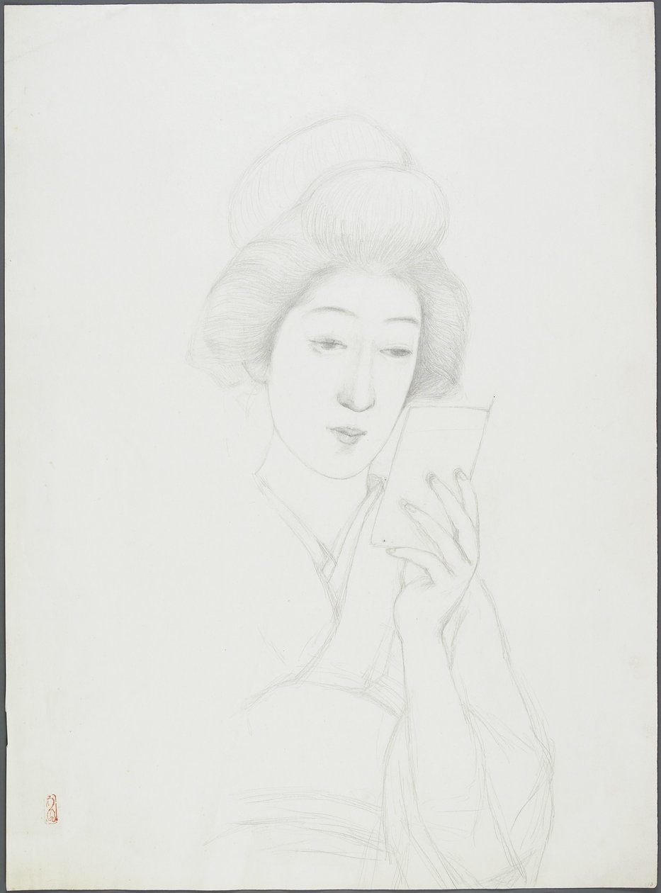 拿着镜子的妇女的图画 作者 桥口吾代