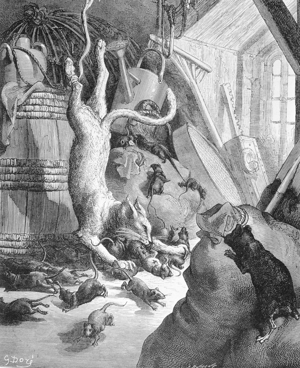 猫和老鼠，1868年来自La Fontaine的“寓言”中的插图 作者 古斯塔夫·多尔（Gustave Dore）