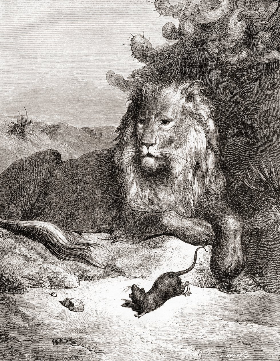 狮子和老鼠，来自19世纪晚期版本的Fables de La Fontaine（木版画） 作者 古斯塔夫·多尔（Gustave Dore）