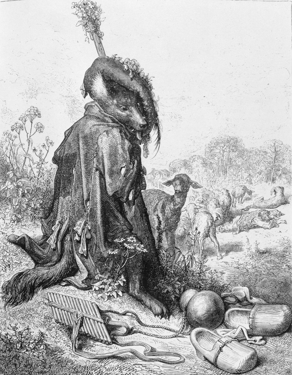 狼变成了牧羊人，1868年由拉方丹的“寓言”中的插图 作者 古斯塔夫·多尔（Gustave Dore）