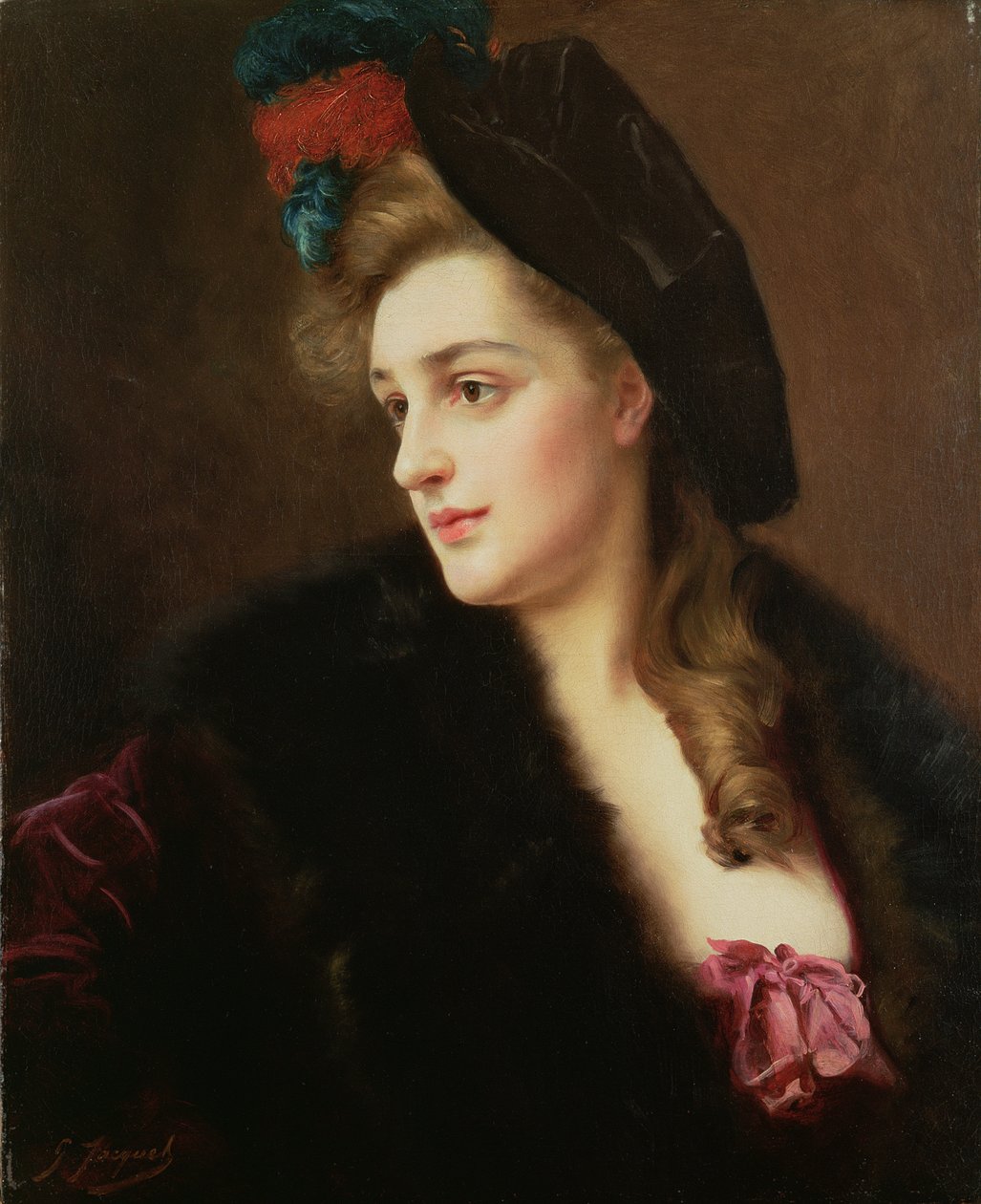 一名妇女的画象帽子的 作者 古斯塔夫·雅克（Gustave Jacquet）