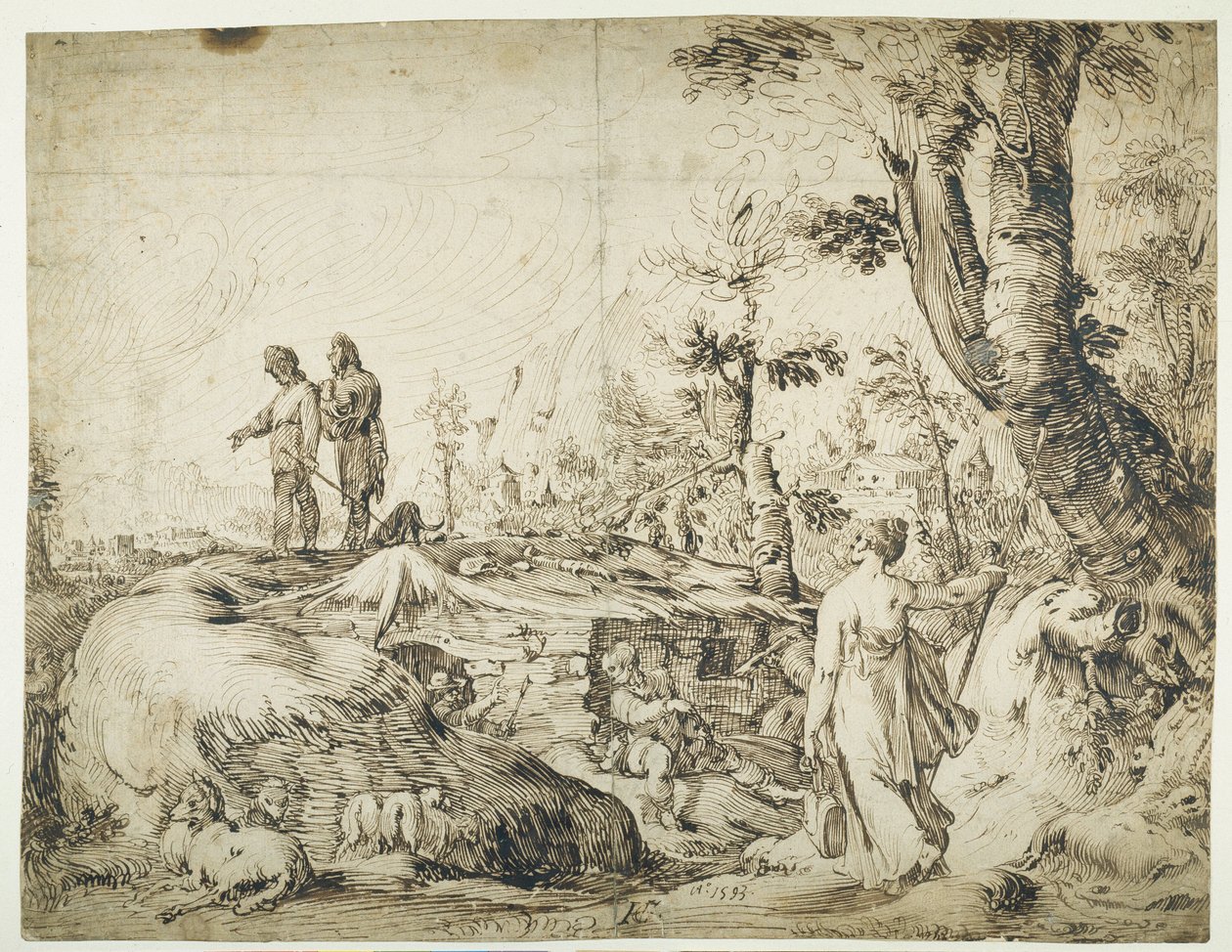小屋旁的农民风景 作者 亨德里克·古尔齐乌斯（Hendrik Goltzius）