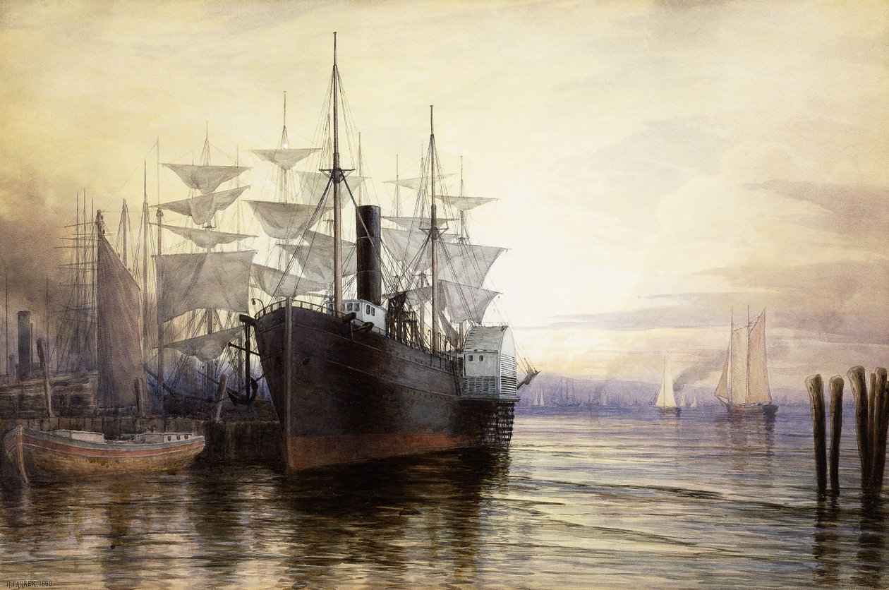 日落，纽约港，1880年 作者 亨利·法勒