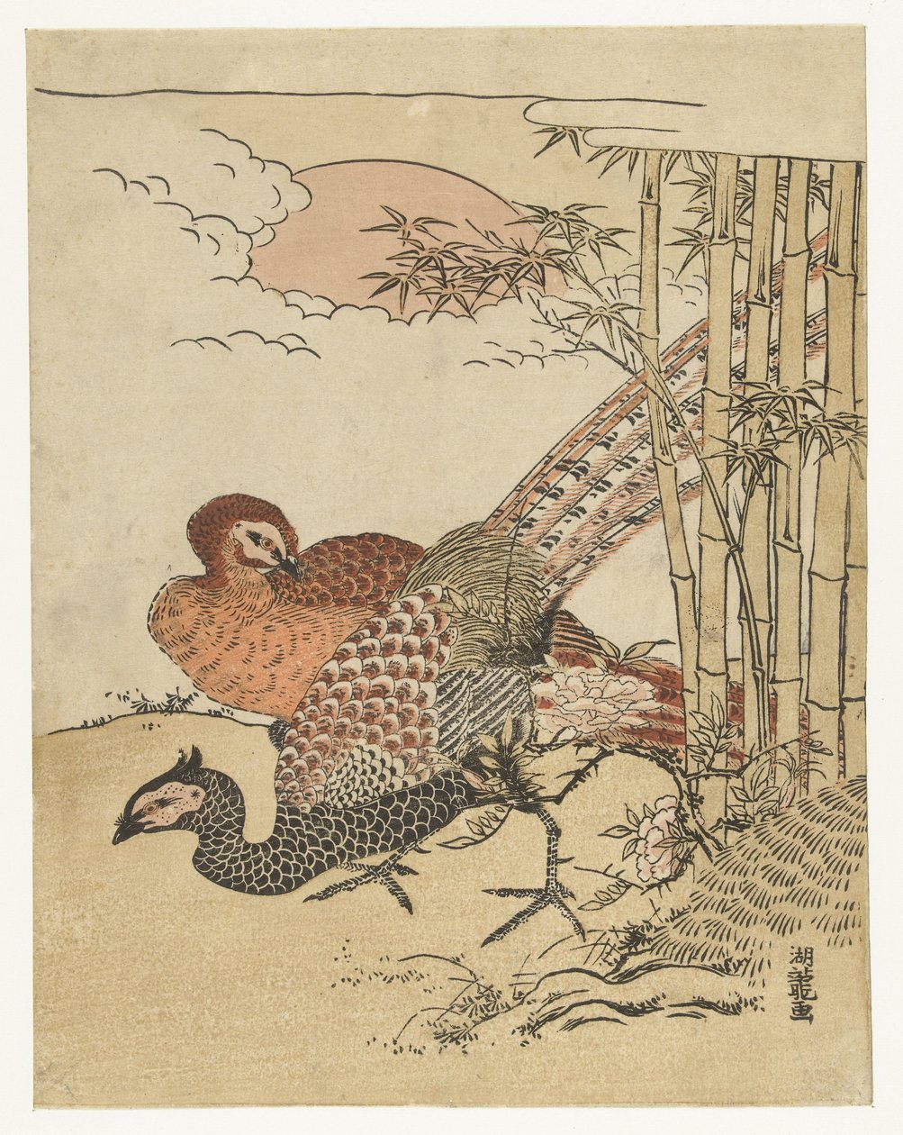 竹林和旭日旁的一对野鸡 作者 oda田K