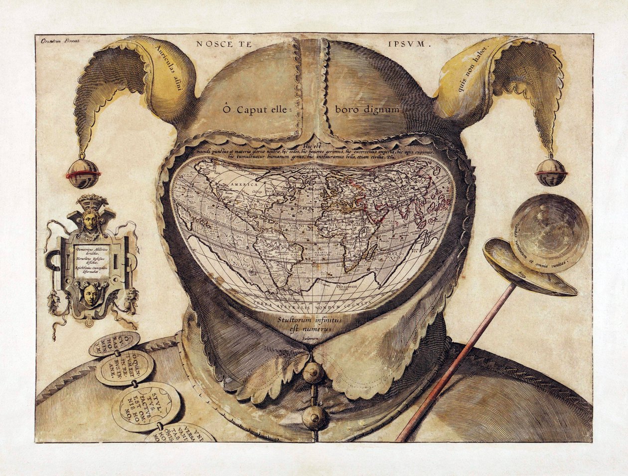 傻瓜帽世界地图，约1590年（雕刻）。 作者 意大利学校