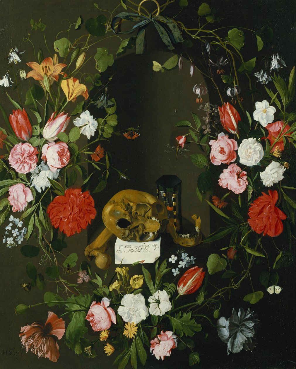 Vanitas静物与鲜花 作者 JH Elers