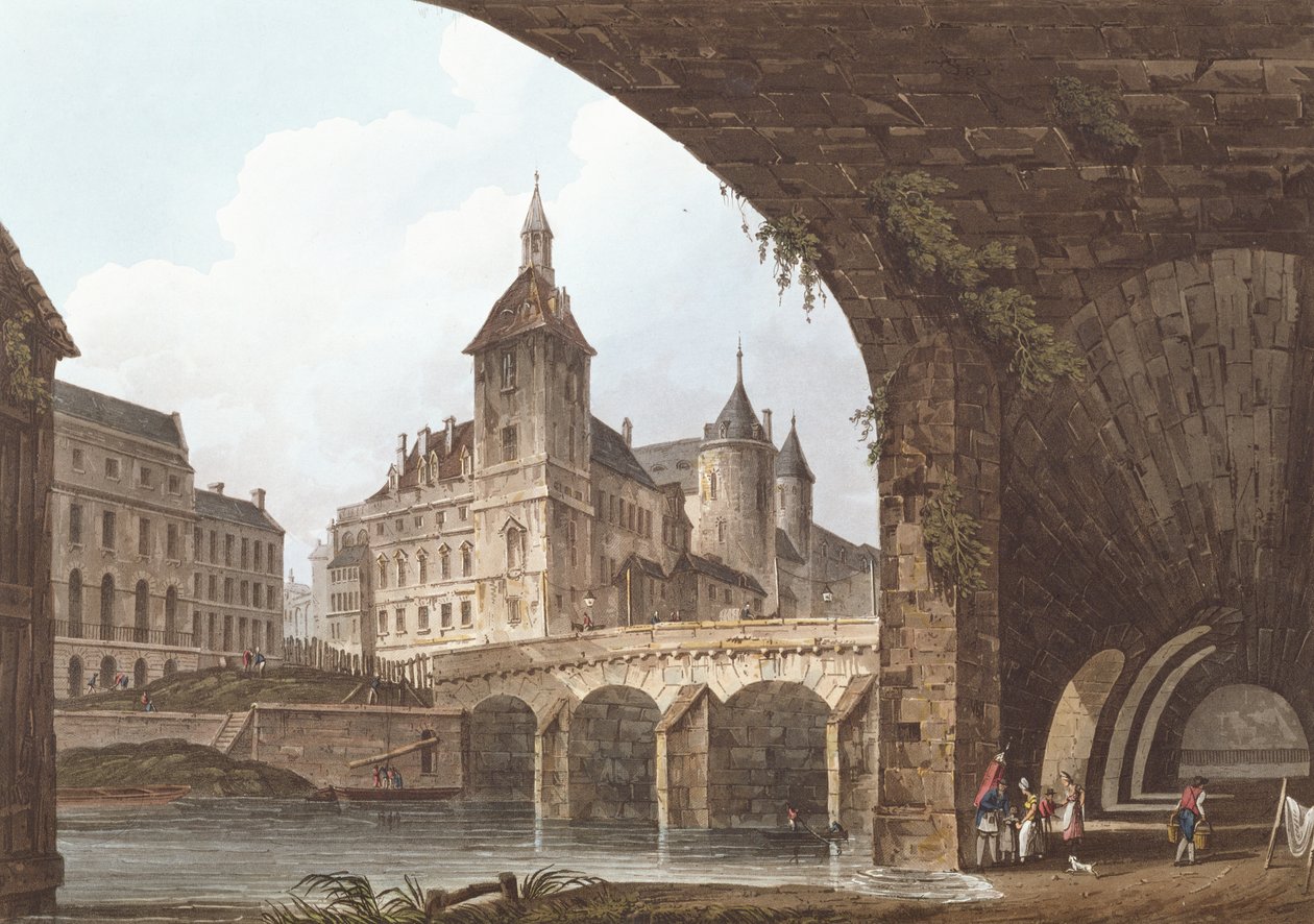 Pont-au-Change，Tour de l&39;Horloge和Conciergerie的观点，c.1805（彩色aquatint） 作者 约翰·克劳德·纳特斯