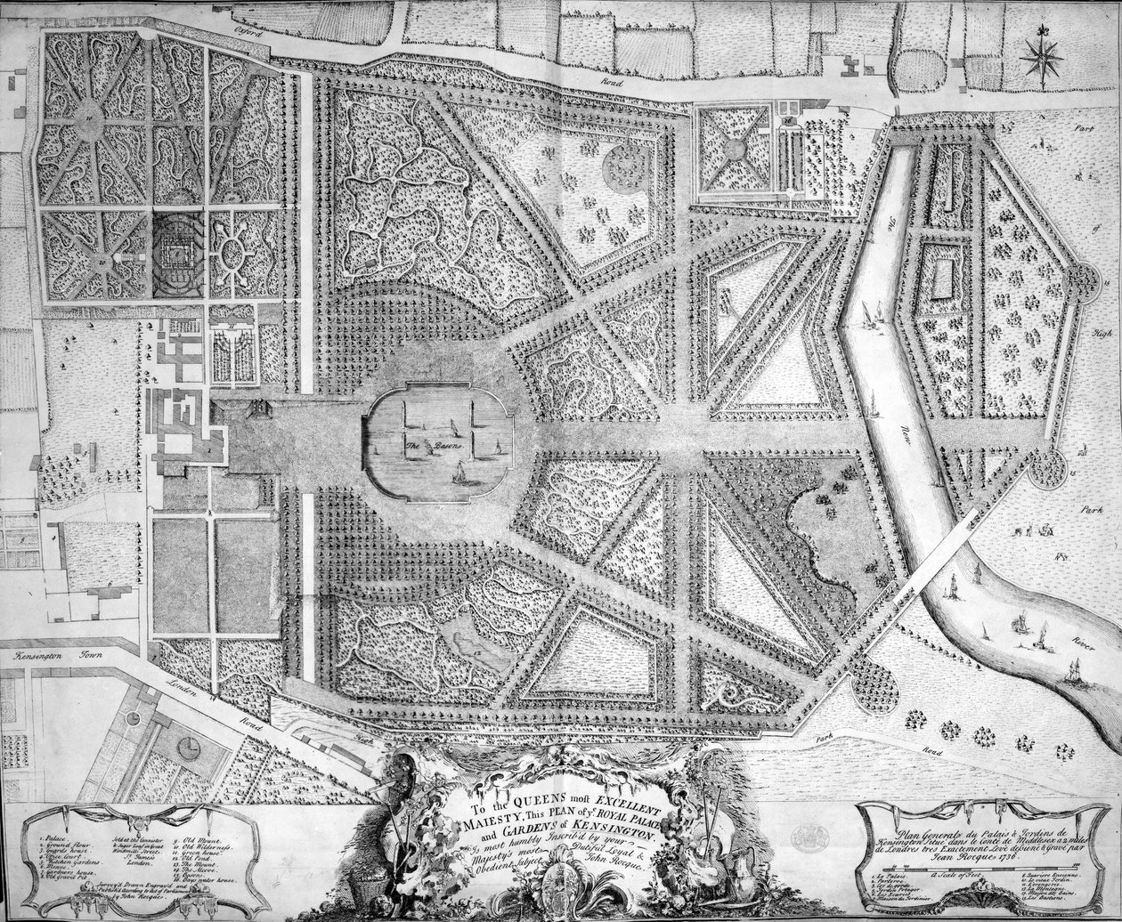 1736年伦敦肯辛顿皇宫和花园的地图 作者 约翰·罗克
