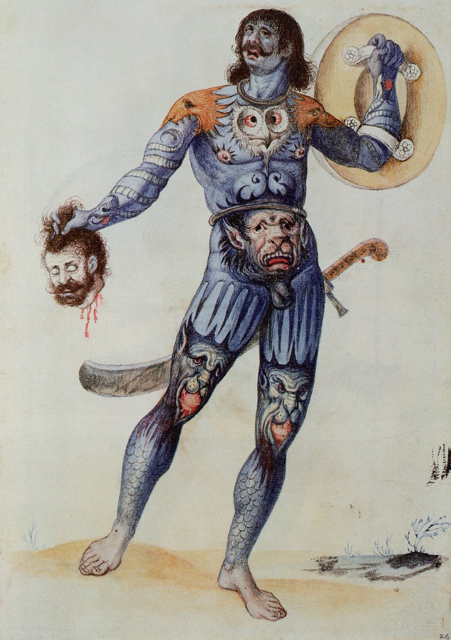 Pictish男子手持人头（石版画） 作者 约翰怀特