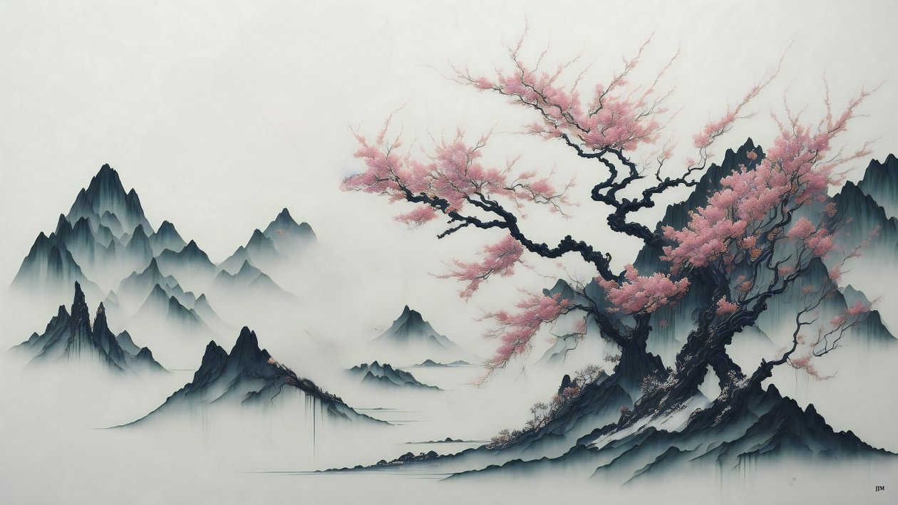 水墨画：樱花盛开_02 作者 约瑟夫·约翰·迈克尔