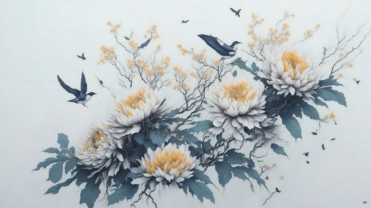 水墨画：白描菊花_02 作者 约瑟夫·约翰·迈克尔