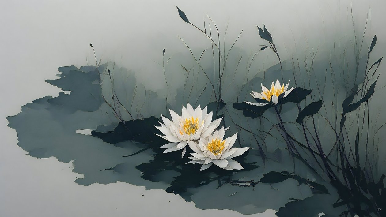水墨画：睡莲_01 作者 约瑟夫·约翰·迈克尔