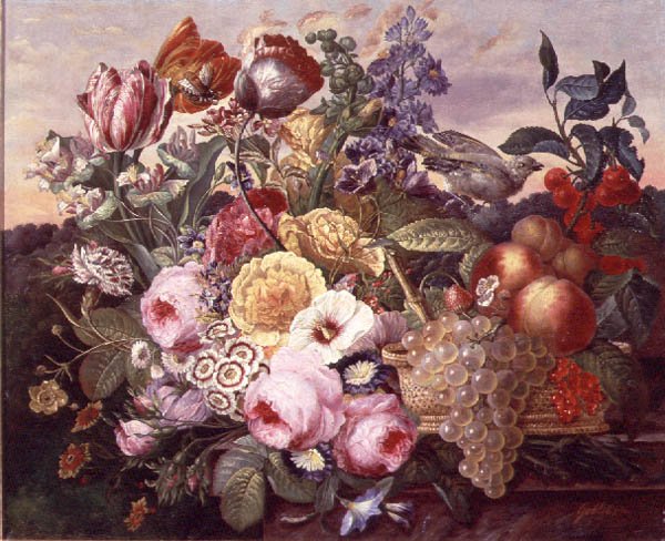 静物与花和葡萄，1880年 作者 约瑟夫·高布莱特