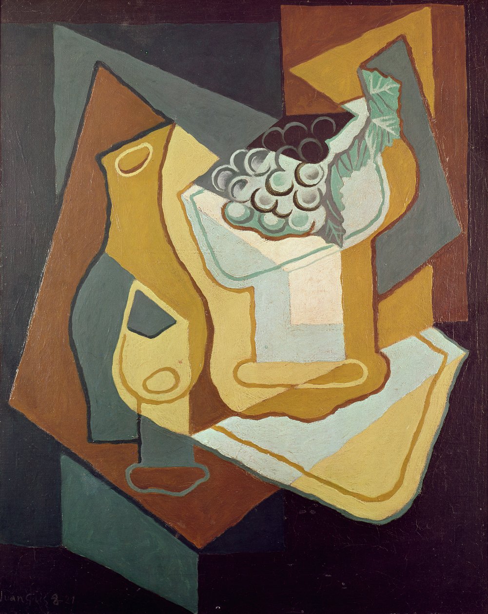 瓶子，玻璃和水果盘，1921年 作者 胡安·格里斯
