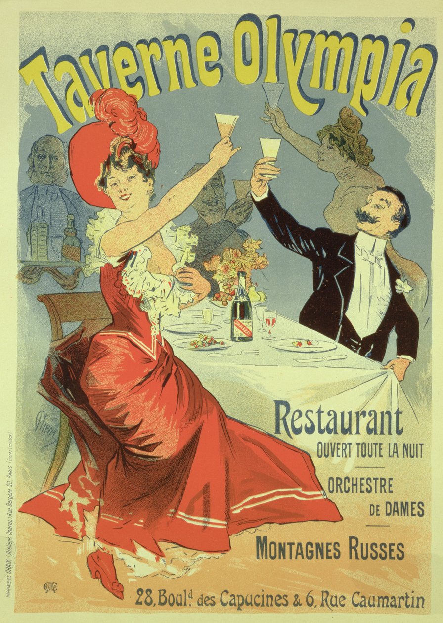 复制一张宣传&39;Taverne Olympia&39;的海报，巴黎，1899年 作者 朱尔斯·切雷特（Jules Cheret）