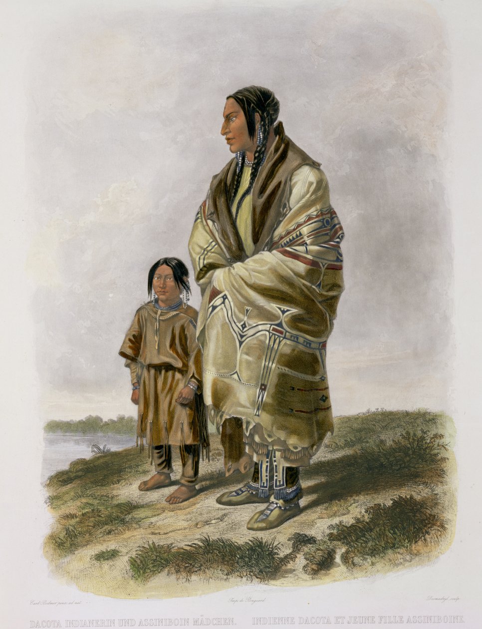 Dacota Woman和Assiniboin Girl，来自“北美内陆旅行”第2卷的第9页，由Narcisse Desmadryl，1844年刻（aquatint） 作者 卡尔·博德默