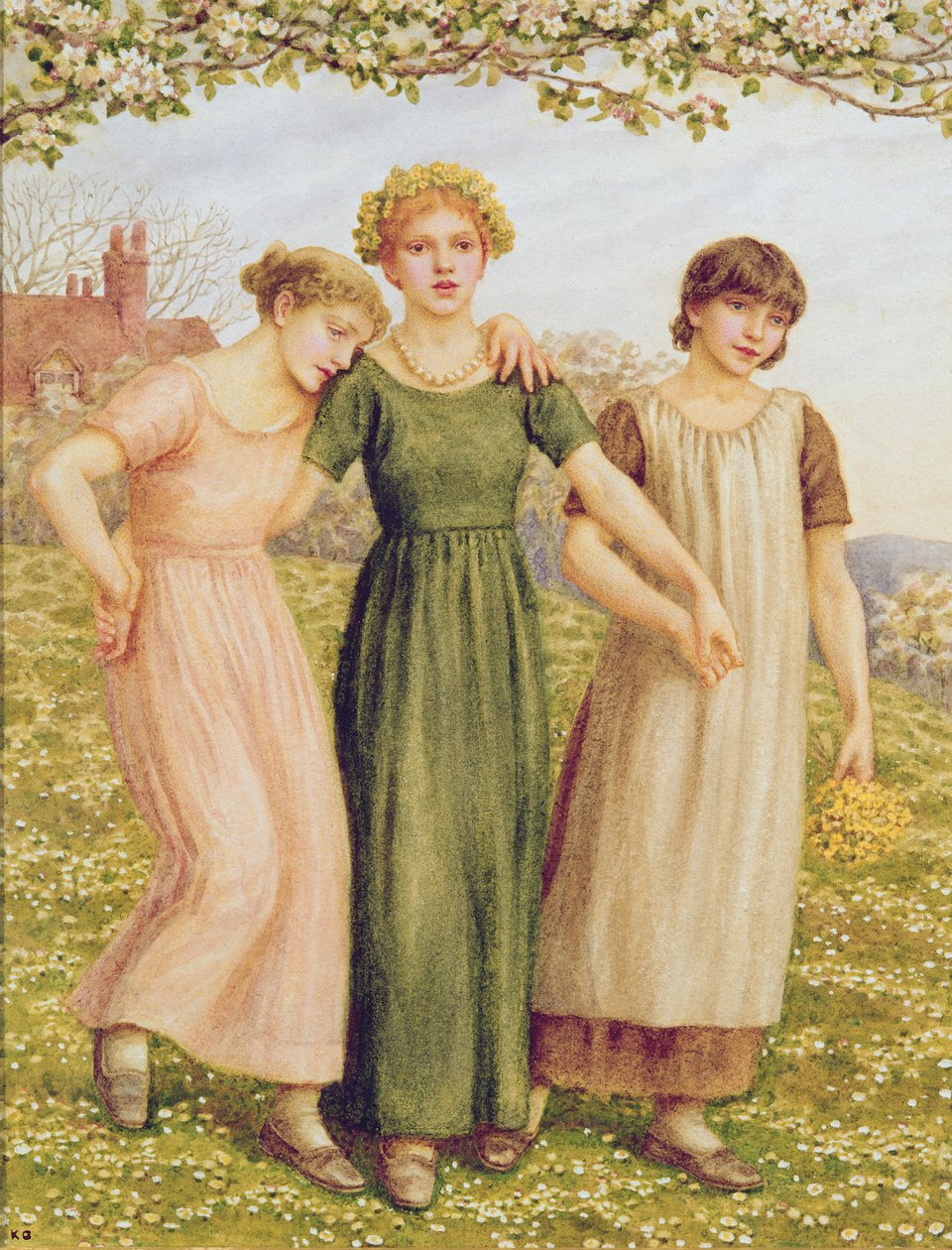 三个年轻女孩，19世纪 作者 凯特·格林威（Kate Greenaway）