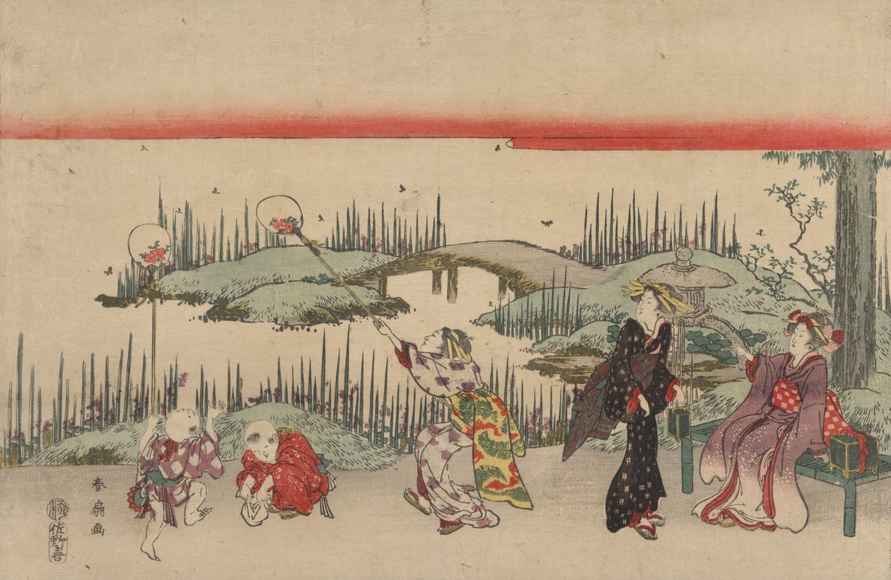捕捉萤火虫（彩色木刻） 作者 胜川顺森