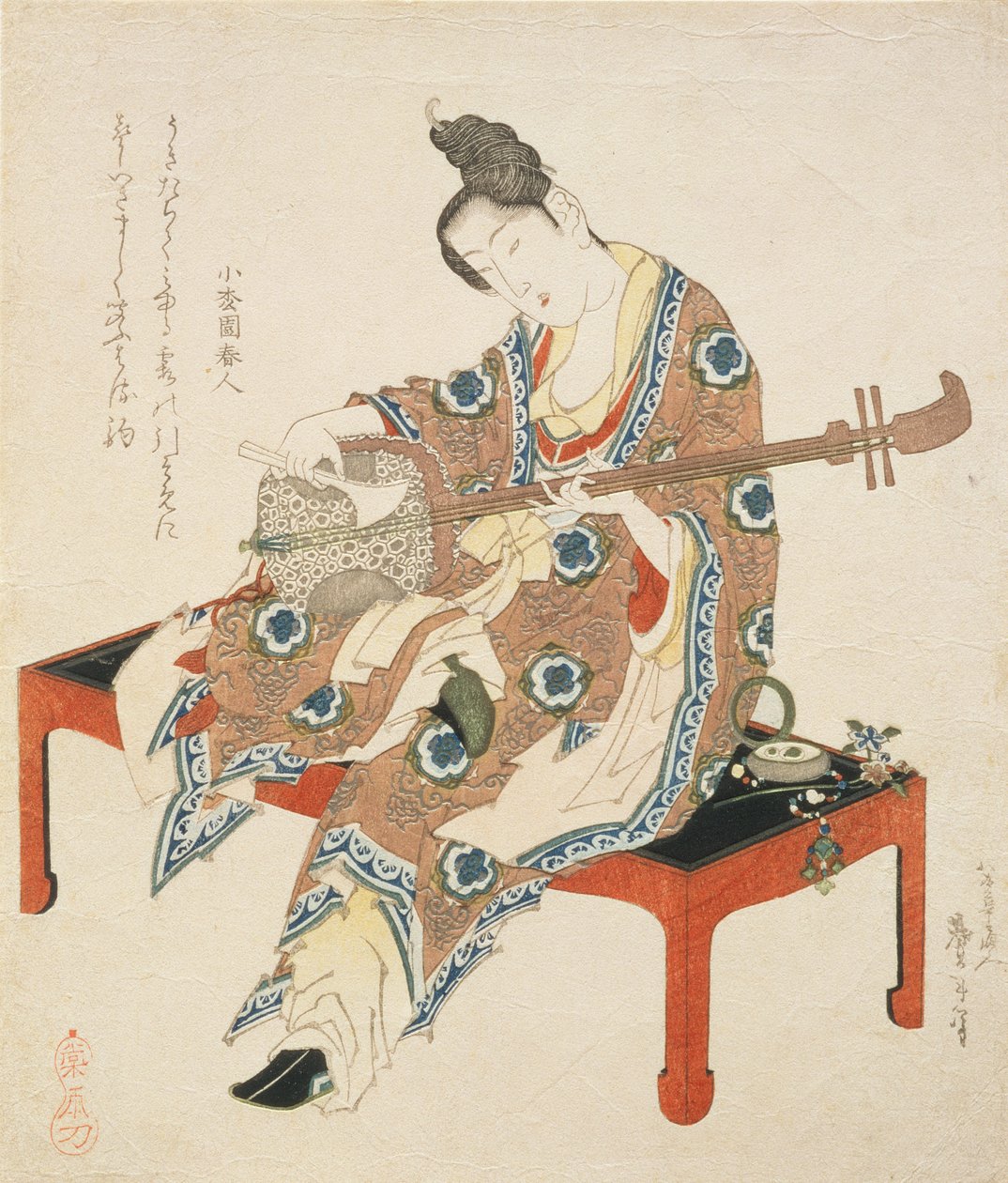 中国美女演奏三味线，电话：1833-34（木版画） 作者 葛饰区台东区