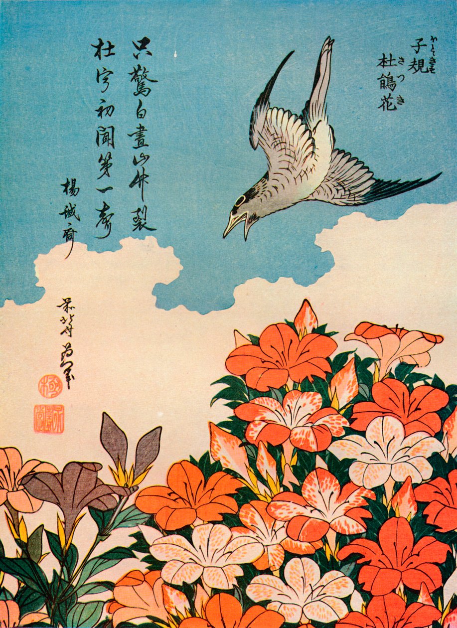 Hototogisu satsuki杜鹃和杜鹃花，c1828，1936年 作者 葛饰北斋