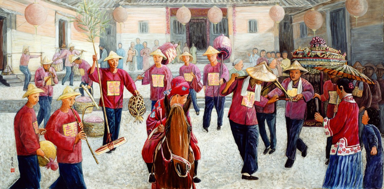 传统婚礼，1997年（丝绸上的水粉） 作者 陈美