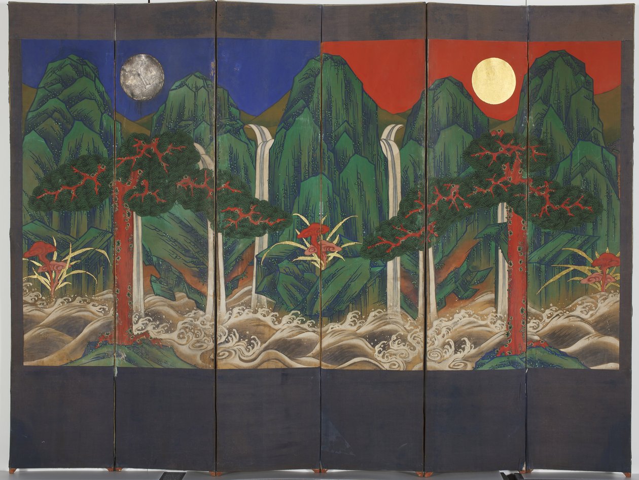 风景（面板上的蛋彩画和金箔） 作者 韩国学校