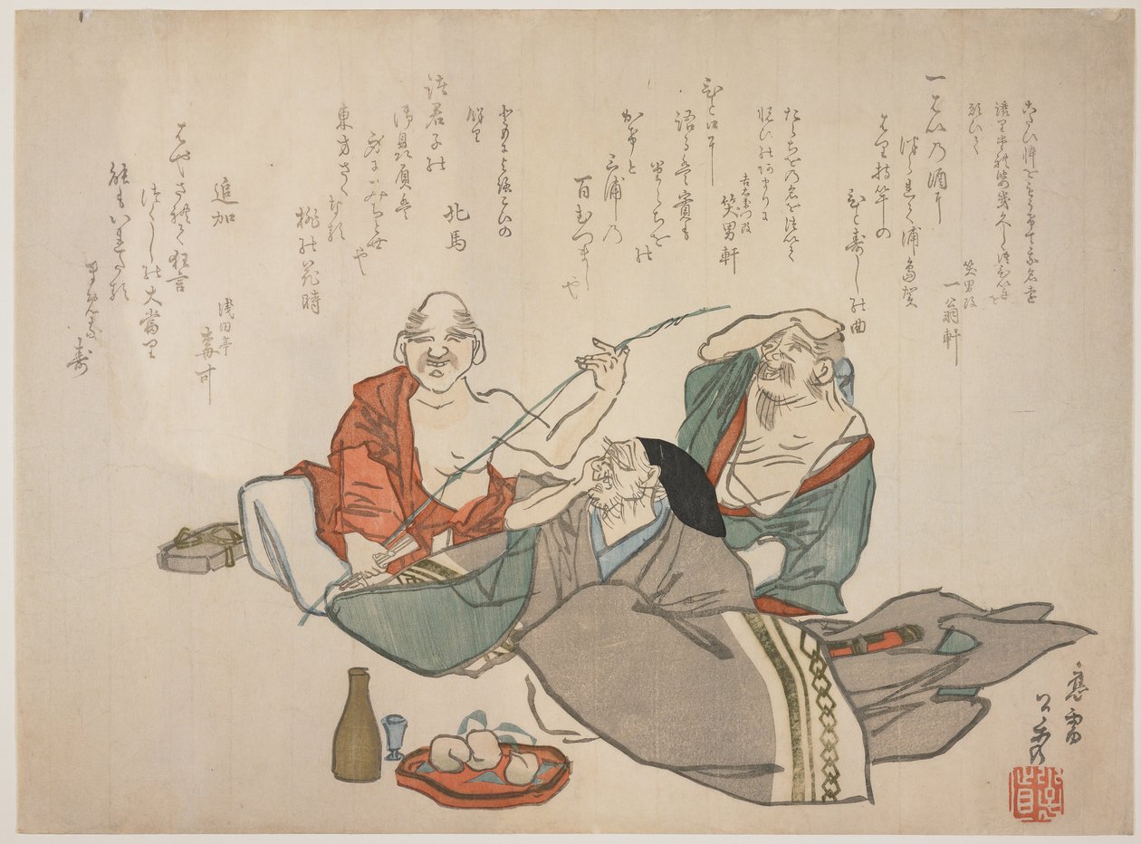 三个老人喝酒，c.1844-53（彩色木版画） 作者 