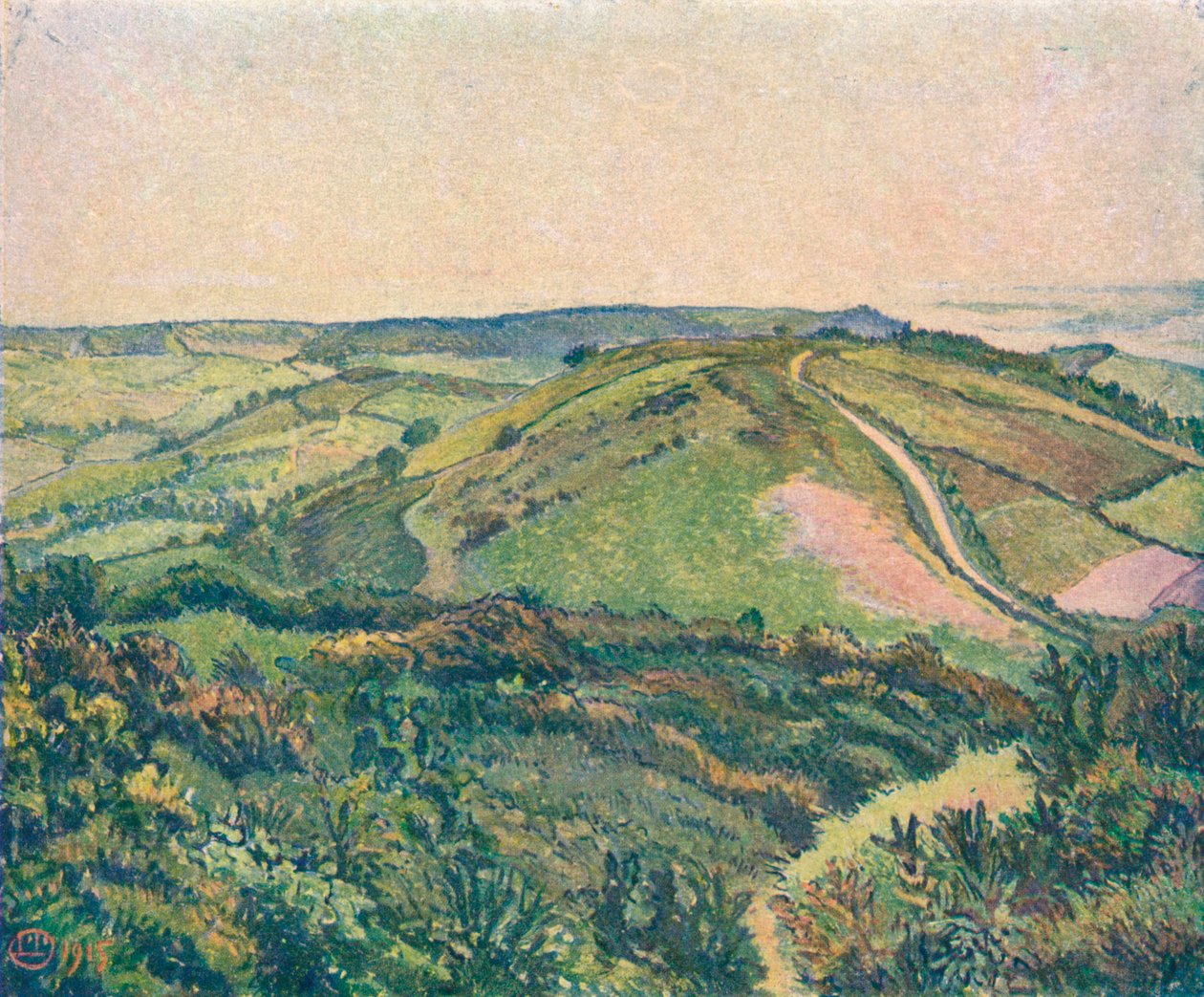 从山上眺望，鱼塘，c1913 作者 露西恩·皮萨罗（Lucien Pissaro）