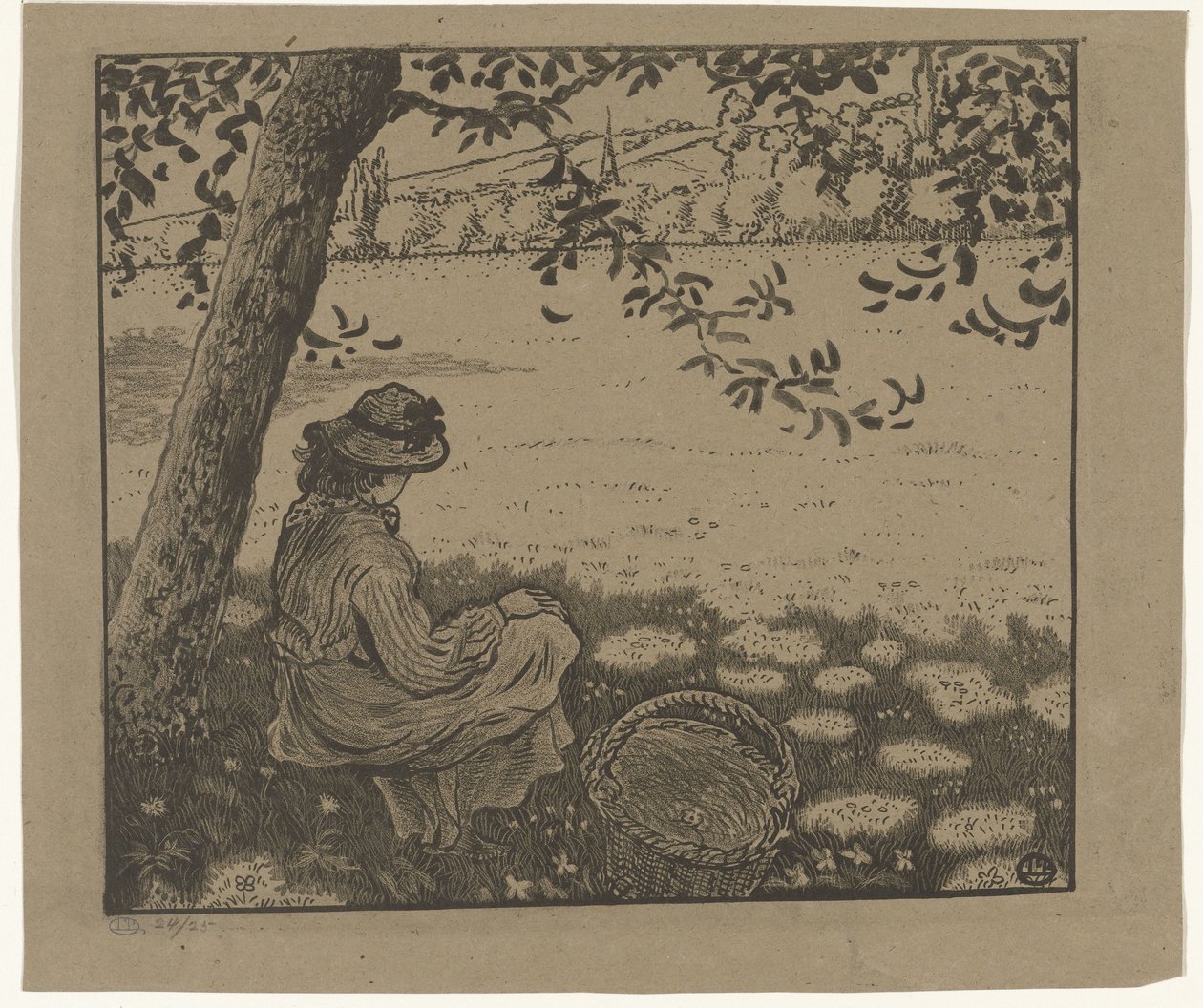 草地上树下的女孩 作者 卢西安·皮萨罗（Lucien Pissarro）
