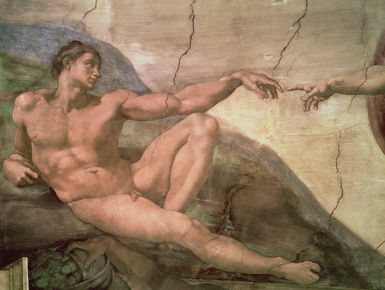 亚当的创造，来自西斯廷天花板，1511年（修复前） 作者 米开朗基罗（Michelangelo Buonarroti）