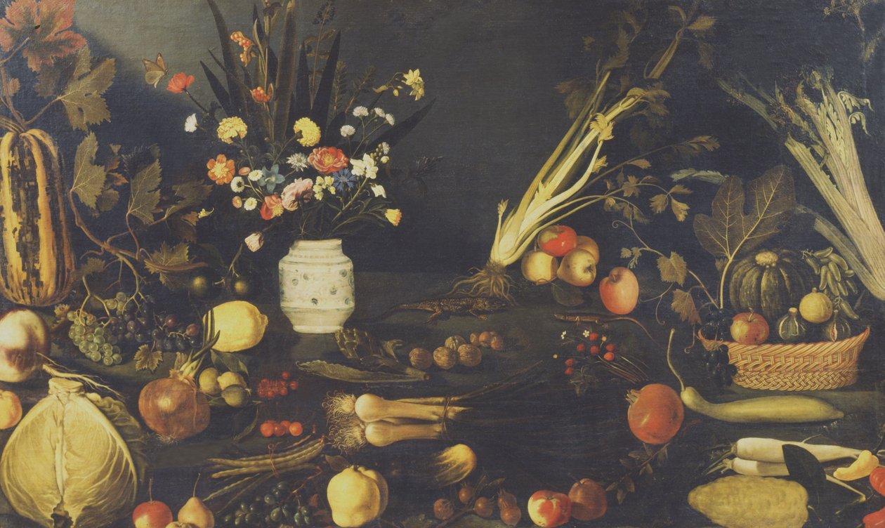 花，水果和蔬菜的静物画，c.1594 作者 米开朗基罗·梅里西·卡拉瓦乔