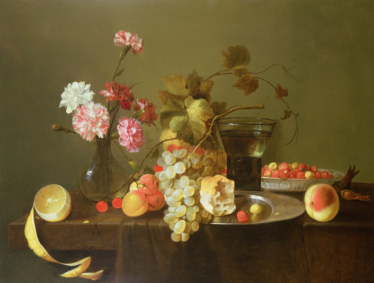 水果和鲜花的静物 作者 米歇尔·西蒙斯（Michiel Simons）