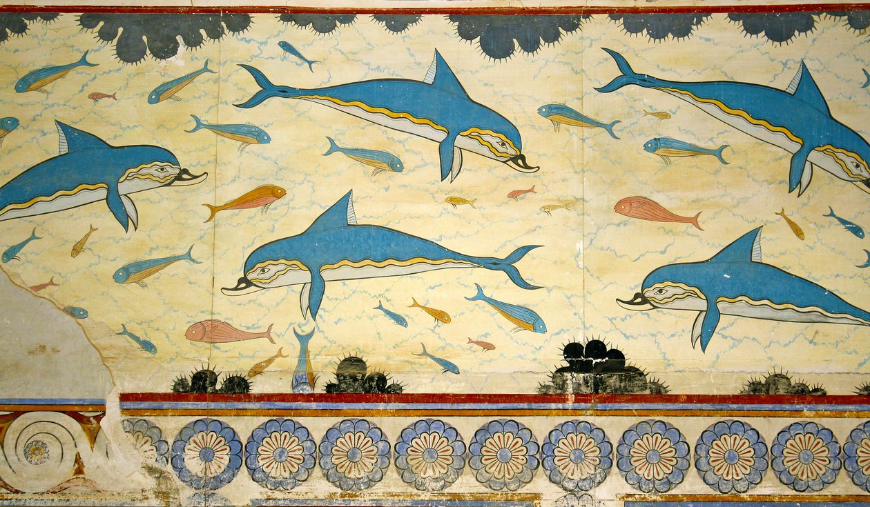 女王的浴室中的海豚壁画，克诺索斯，克里特岛1550-1450 BC 作者 美浓