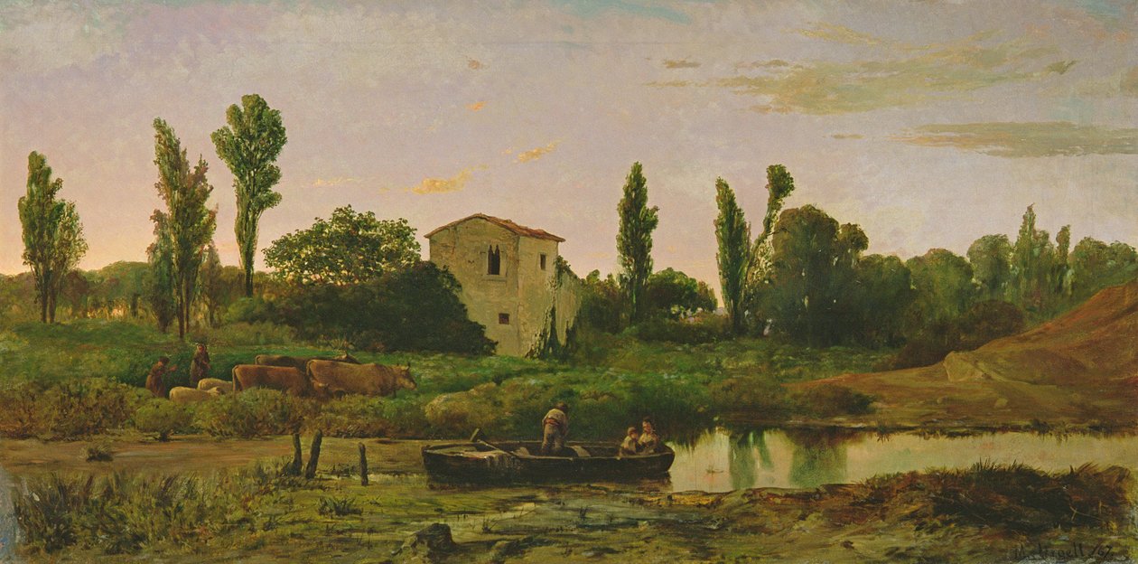 景观与船，1867年 作者 谦虚的Urgell