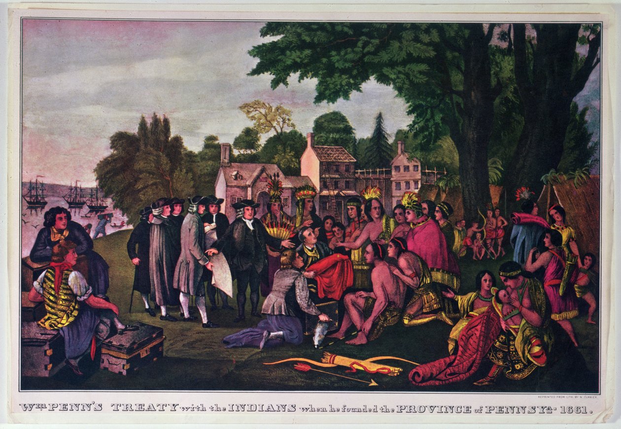 1661年威廉·佩恩与印第安人签署宾夕法尼亚省时的条约 作者 纳撒尼尔·卡里尔（Nathaniel Currier）
