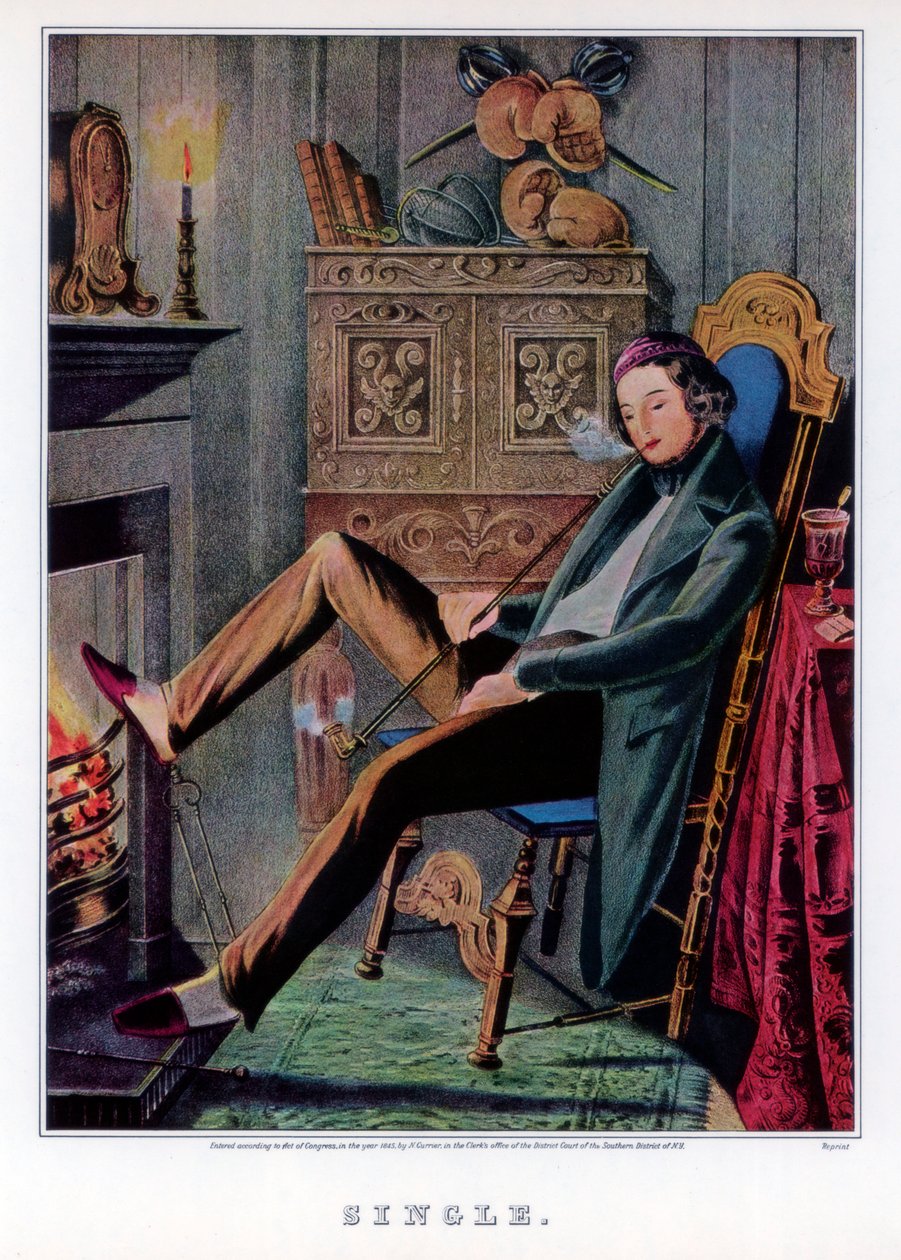 单身，1845年。 作者 纳撒尼尔·卡里尔（Nathaniel Currier）