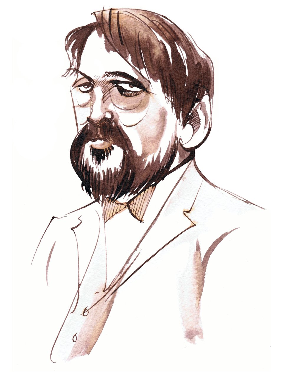 Achille-Claude Debussy，法国作曲家（1862-1918），棕褐色墨水肖像 作者 尼尔·奥斯本