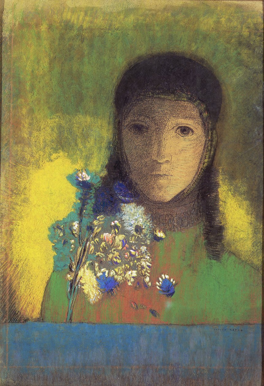 野花的女人，1895-1900（粉彩，木炭） 作者 奥迪隆·雷顿（Odilon Redon）