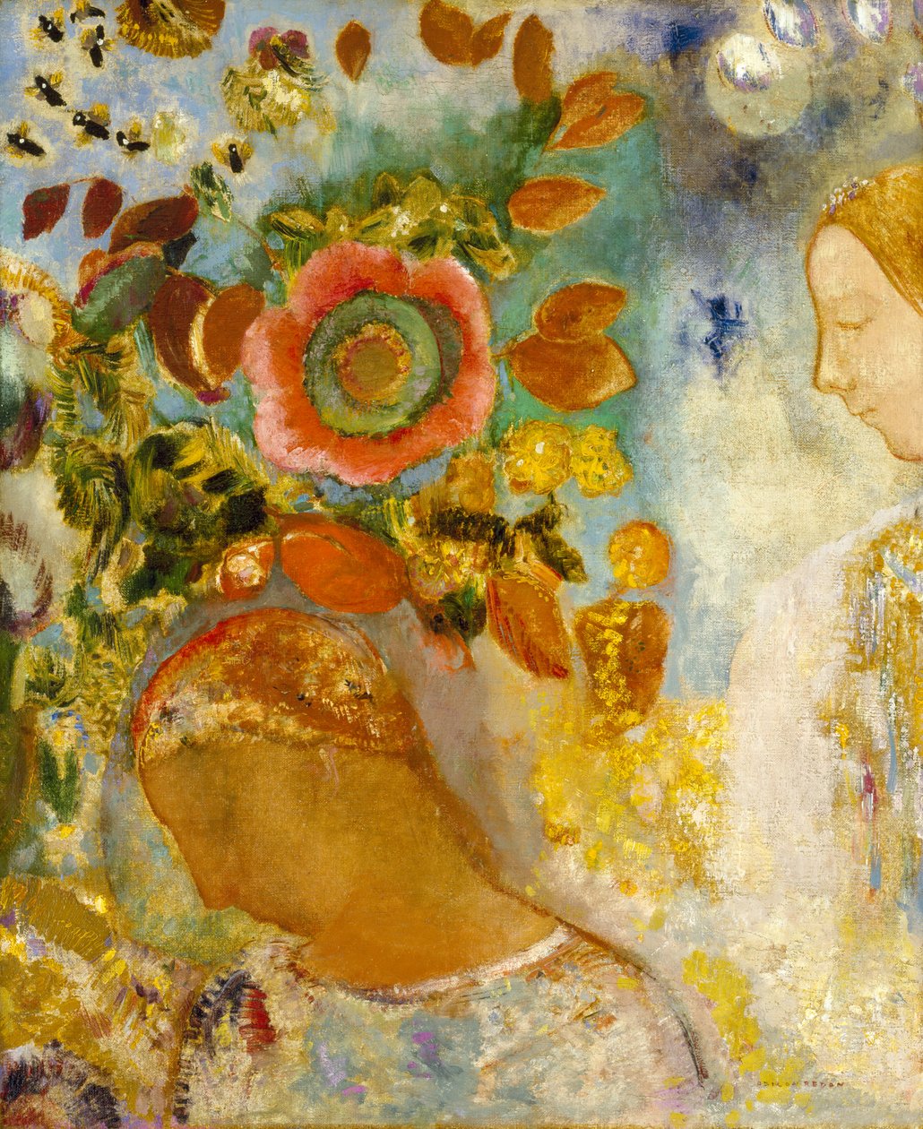 两个年轻女孩在花丛中，1912年 作者 奥迪隆·雷顿（Odilon Redon）