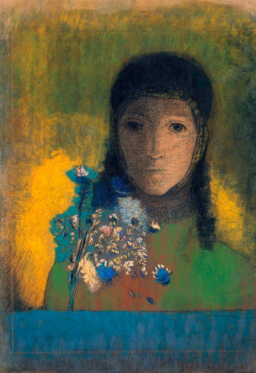 有野花的女人》，约1900年。 作者 奥迪隆·雷顿（Odilon Redon）