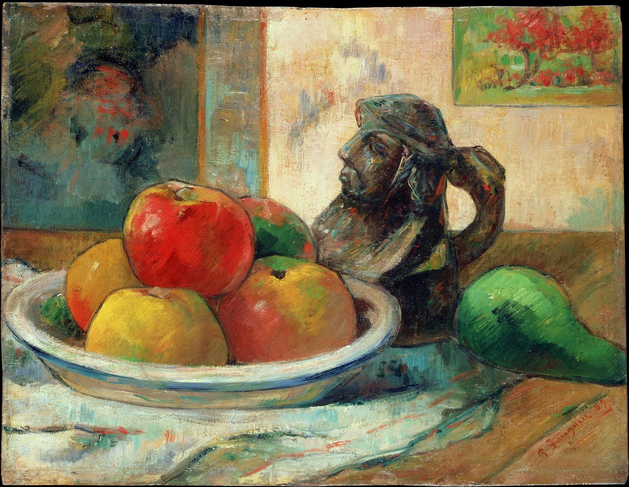 静物与苹果，梨和陶瓷肖像壶，1889年 作者 保罗·高更