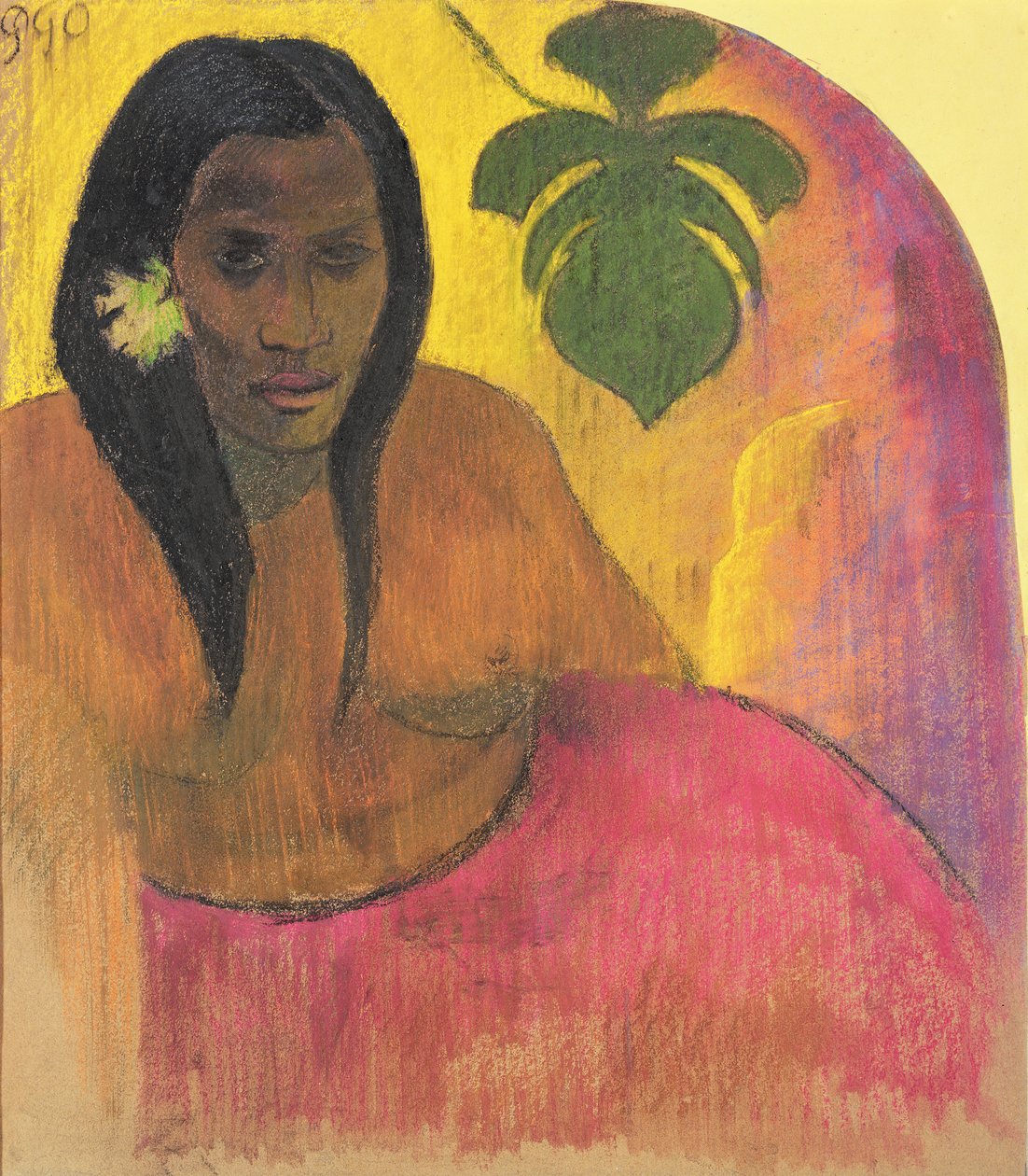 大溪地妇女，c.1894（木板上的木炭和蜡笔放在船上） 作者 保罗·高更