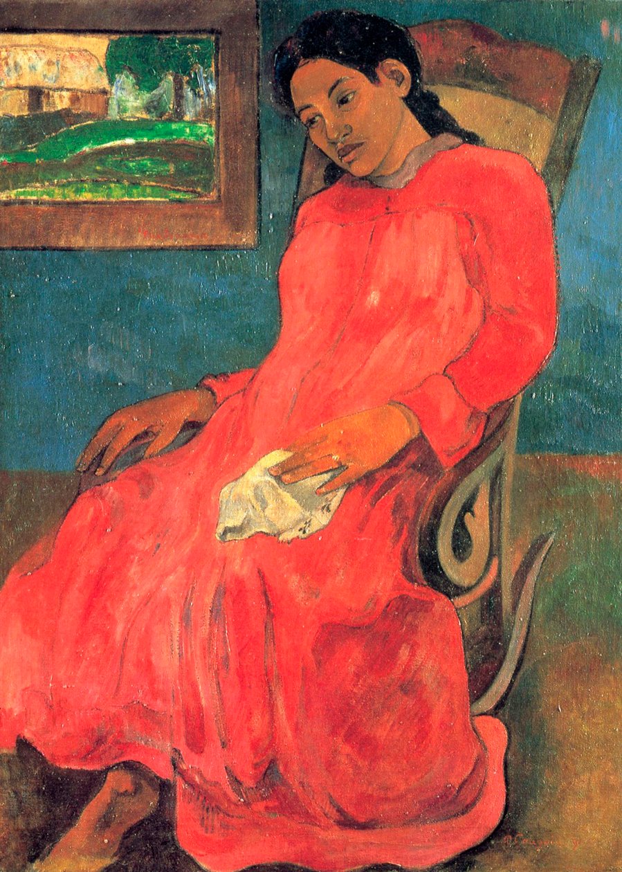 穿红衣服的女人》，1891年。 作者 保罗·高更