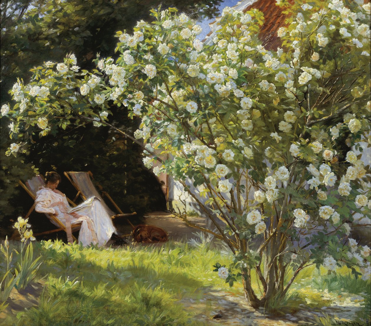 Marie Kroyer坐在Bendsens夫人家的花园里的躺椅上 作者 Peder Severin Krøyer