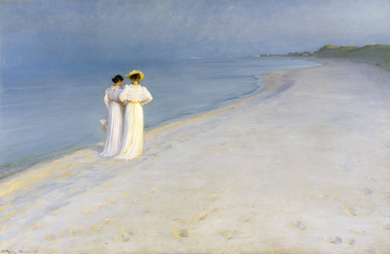 在Skagens海滩的夏天晚上。 Anna Ancher和MarieKrøyer一起走。 作者 Peder Severin Krøyer